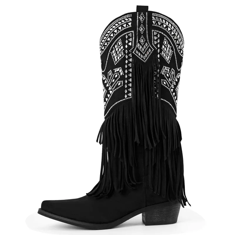 Suede Rhinestone Fringe Knee High Western Boots sold by Miss Heel