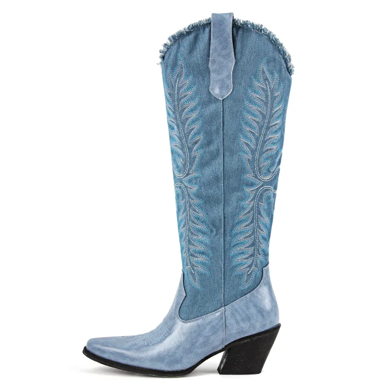 Pointed Toe Embroidery Knee High Western Boots sold by Miss Heel