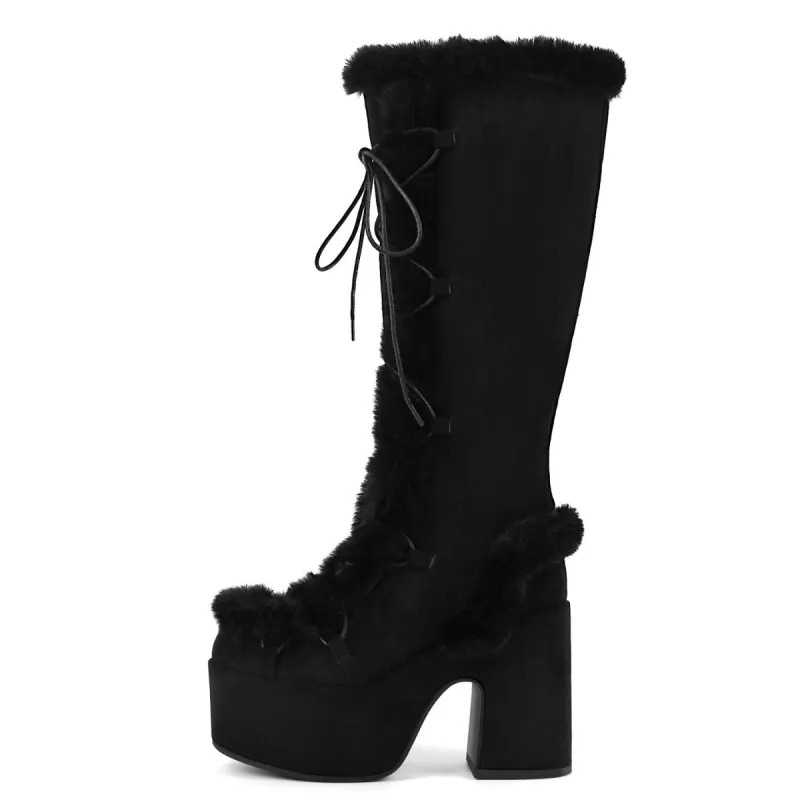 Platform Fur Lace-up Suede Knee High Boots sold by Miss Heel