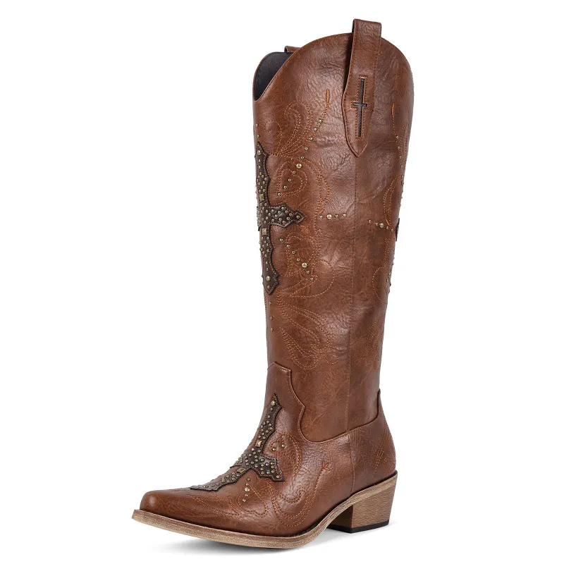 Embroidery Rivet Knee High Western Boots sold by Miss Heel