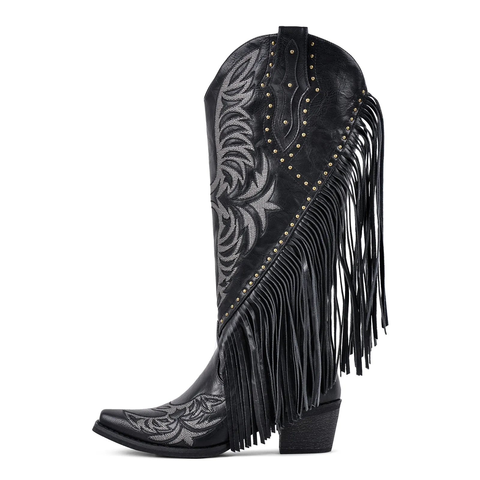 Fringe Rivet Knee High Western Boots sold by Miss Heel