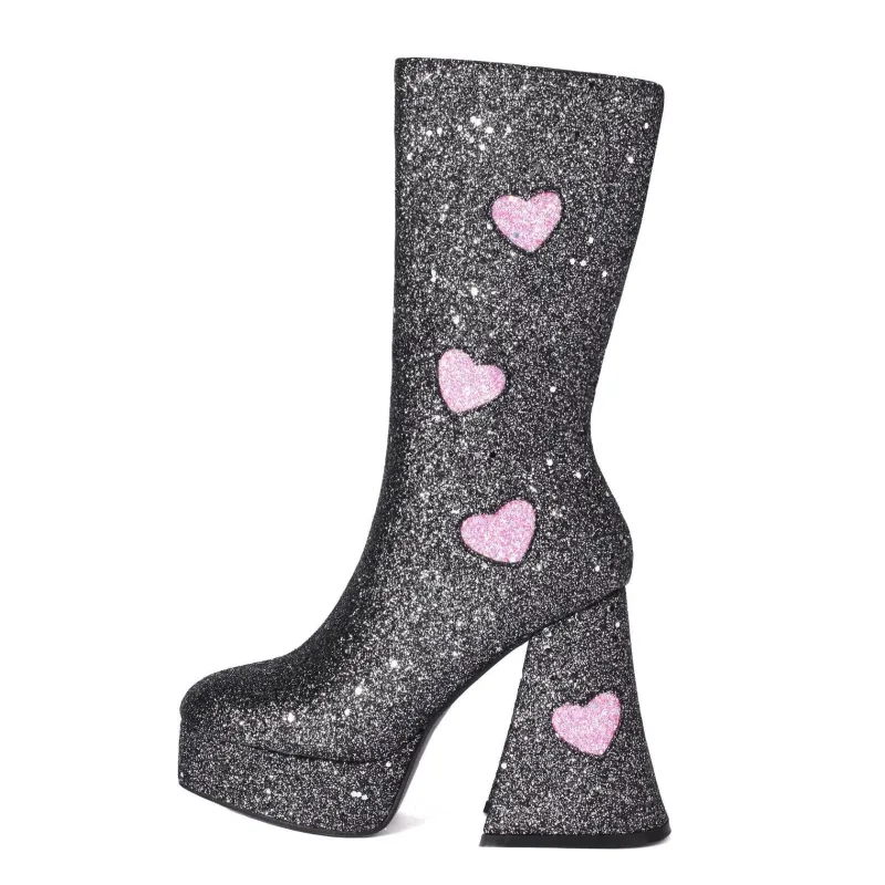 Platform Glitter Sequin Heart Mid-Calf Boots sold by Miss Heel