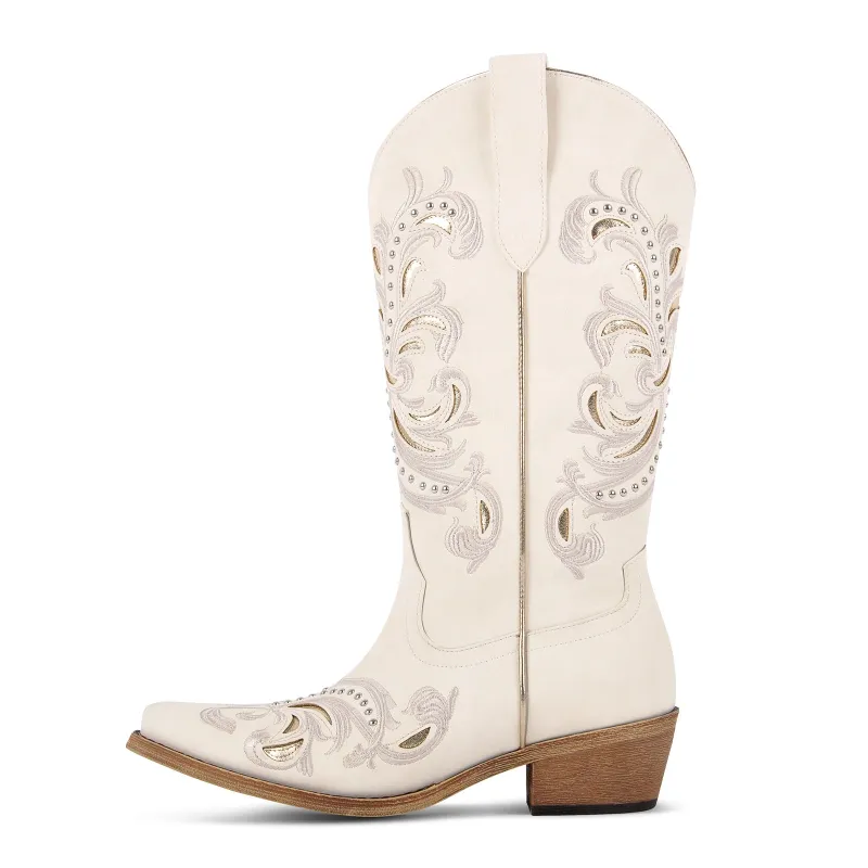Studded Embroidery Mid-Calf Western Boots sold by Miss Heel