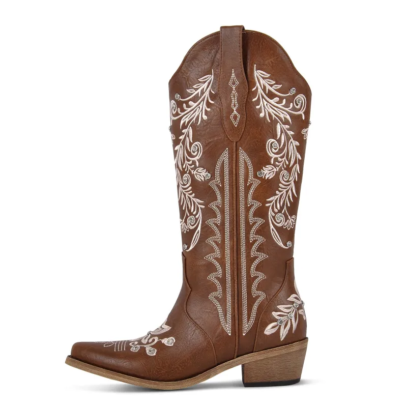 Embroidery Rhinestone Mid-Calf Western Boots sold by Miss Heel