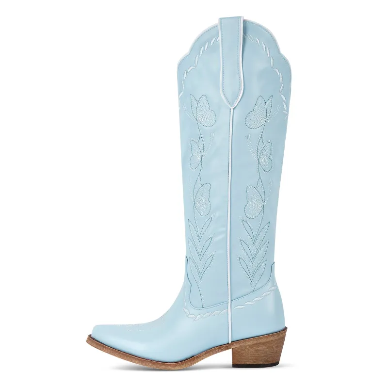 Embroidery Chunky Heel Knee High Western Boots sold by Miss Heel