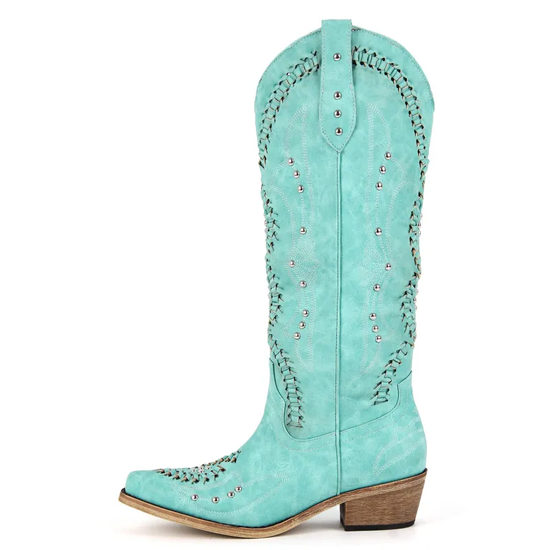 Rivet Embroidery Knee High Western Boots sold by Miss Heel