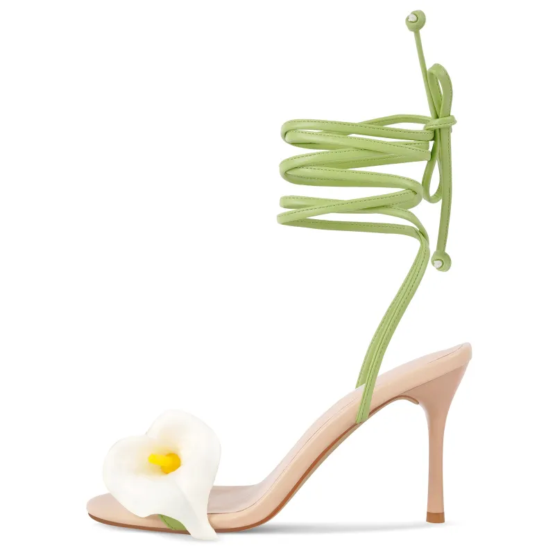 Round Toe Calla Lily Lace-up Stiletto Sandals sold by Miss Heel