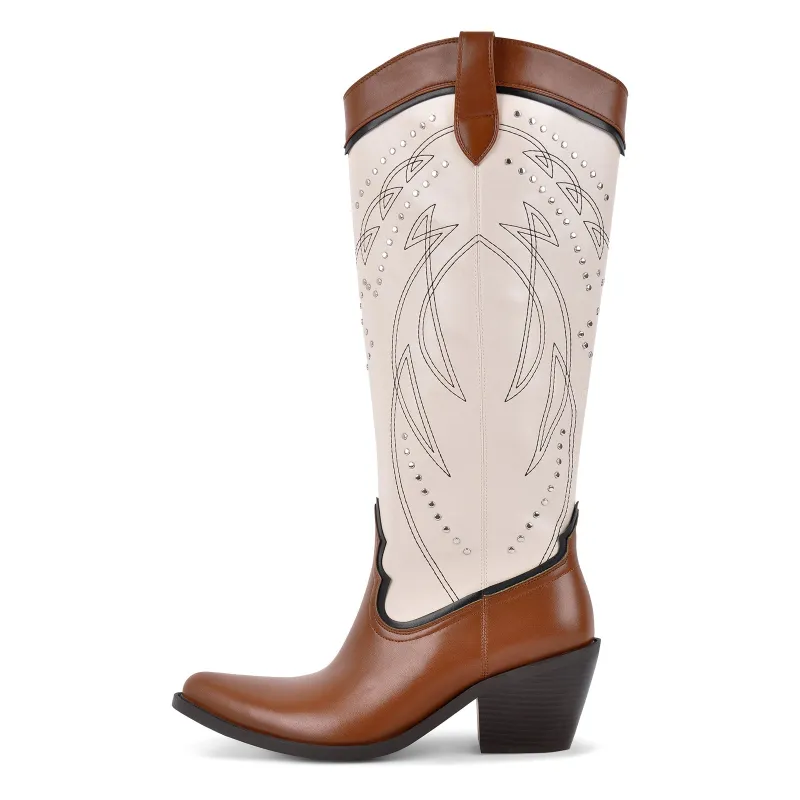 Rivet Embroidery Split Joint Knee High Western Boots sold by Miss Heel