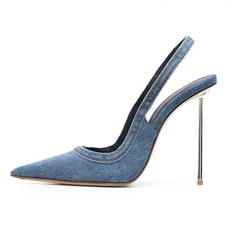 Denim Pointed Toe Slingback High Heels sold by Miss Heel