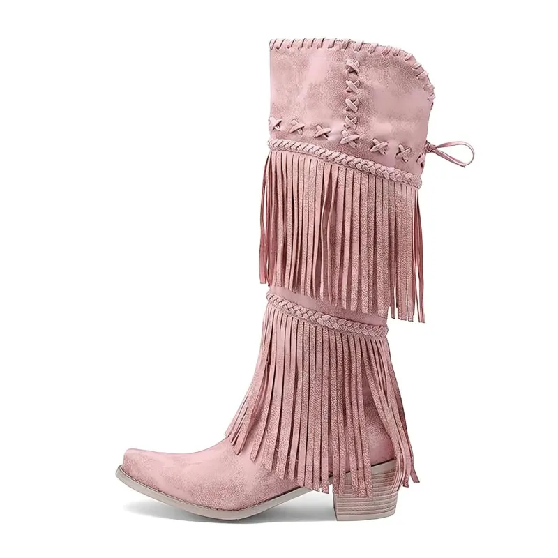 Pointed Toe Fringe Knee High Western Boots sold by Miss Heel