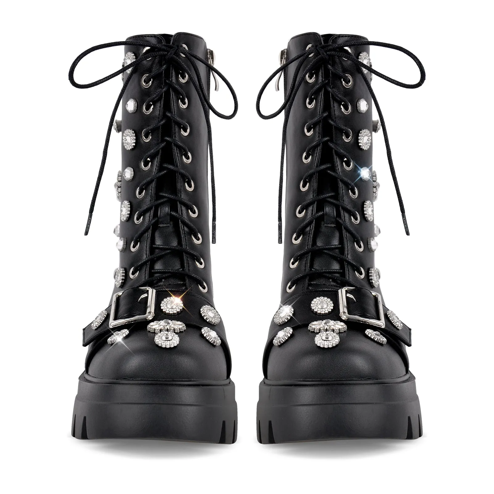 Platform Rhinestone Buckle Lace-up Ankle Boots sold by Miss Heel product image thumbnail 3