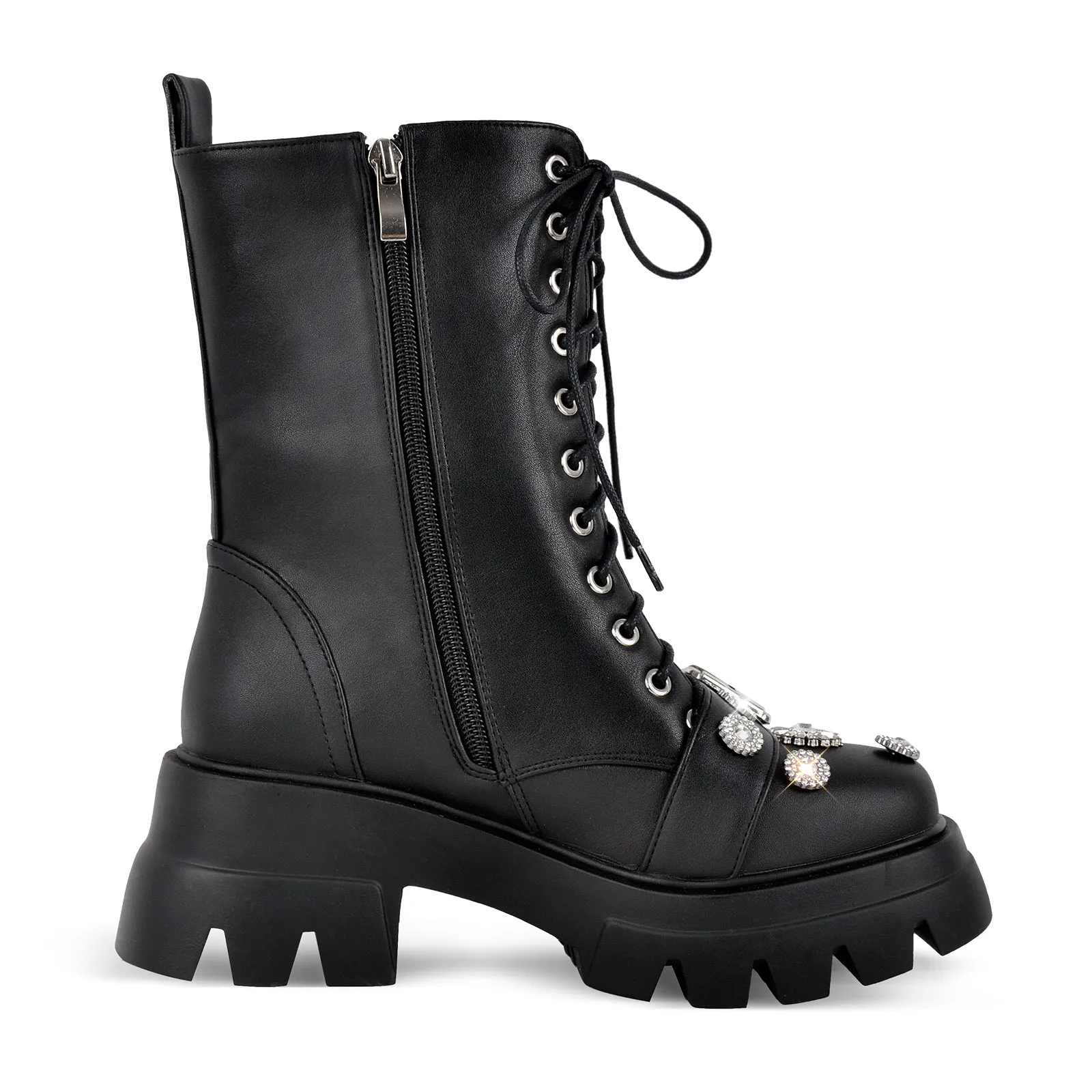 Platform Rhinestone Buckle Lace-up Ankle Boots sold by Miss Heel product image thumbnail 5