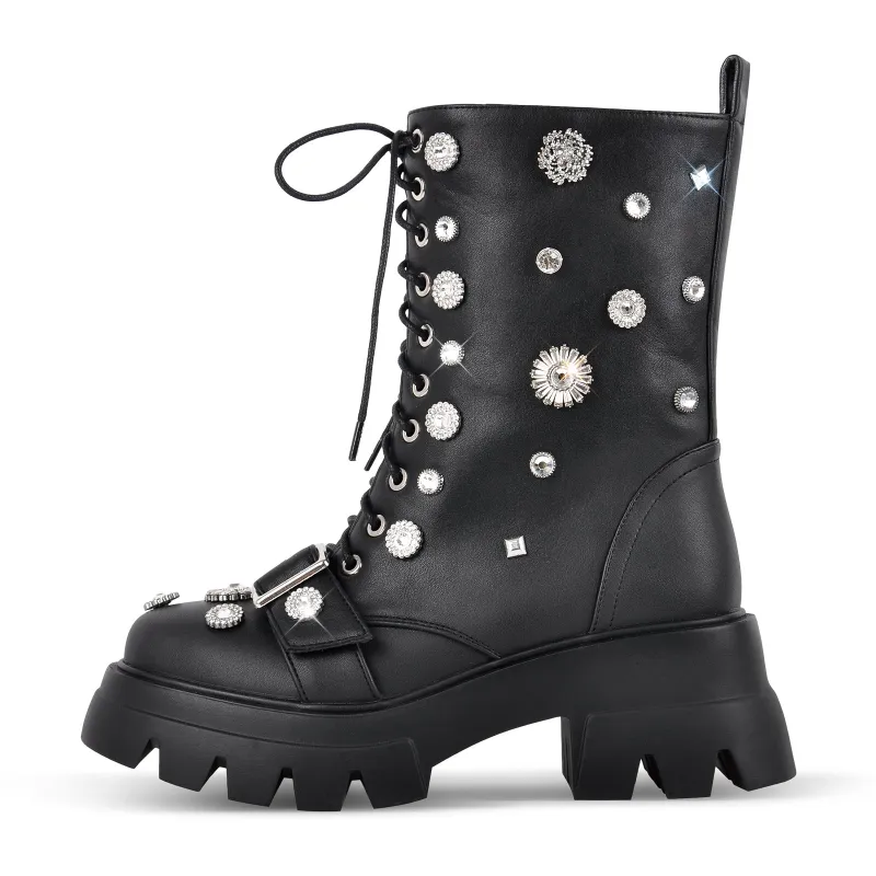 Platform Rhinestone Buckle Lace-up Ankle Boots sold by Miss Heel