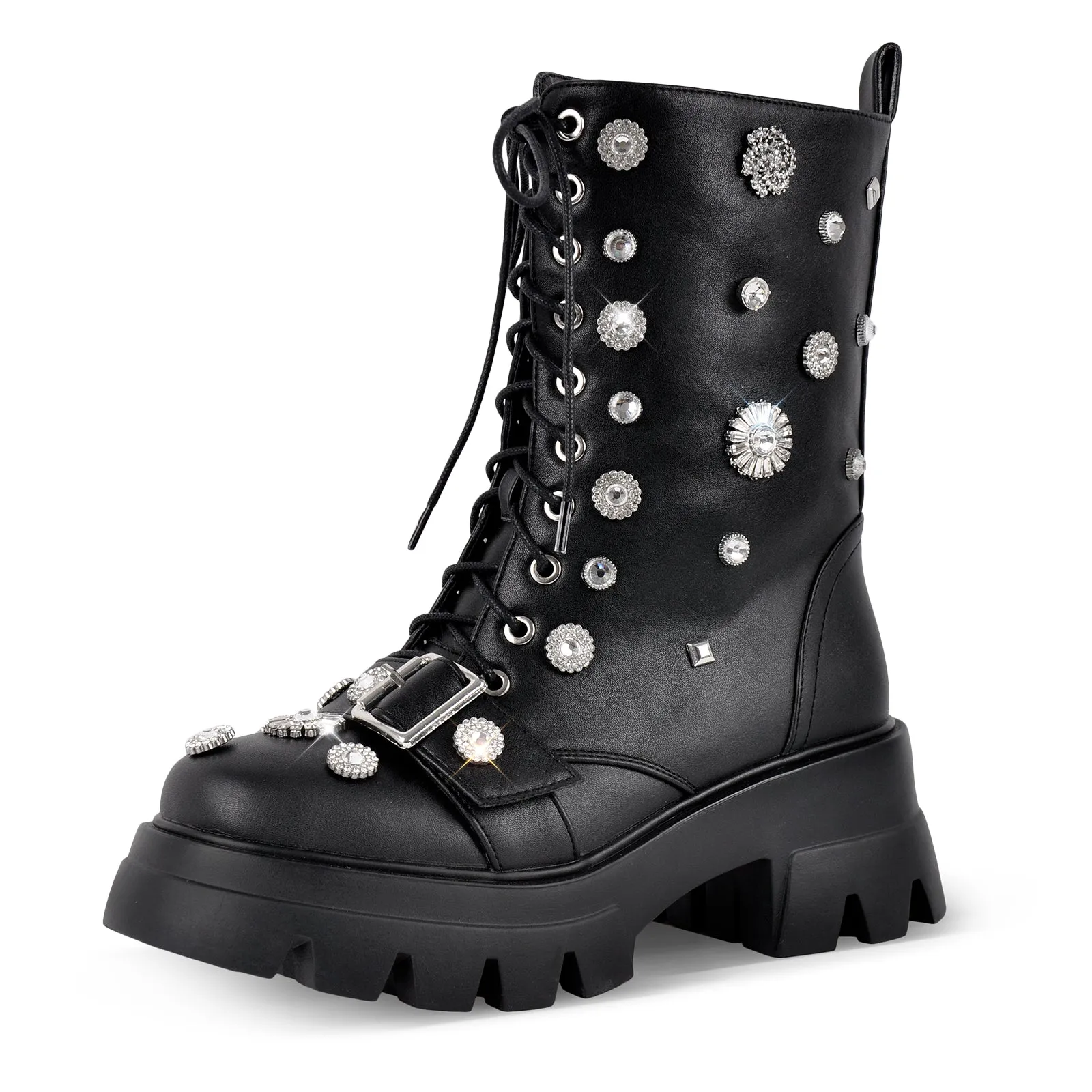 Platform Rhinestone Buckle Lace-up Ankle Boots sold by Miss Heel product image thumbnail 2
