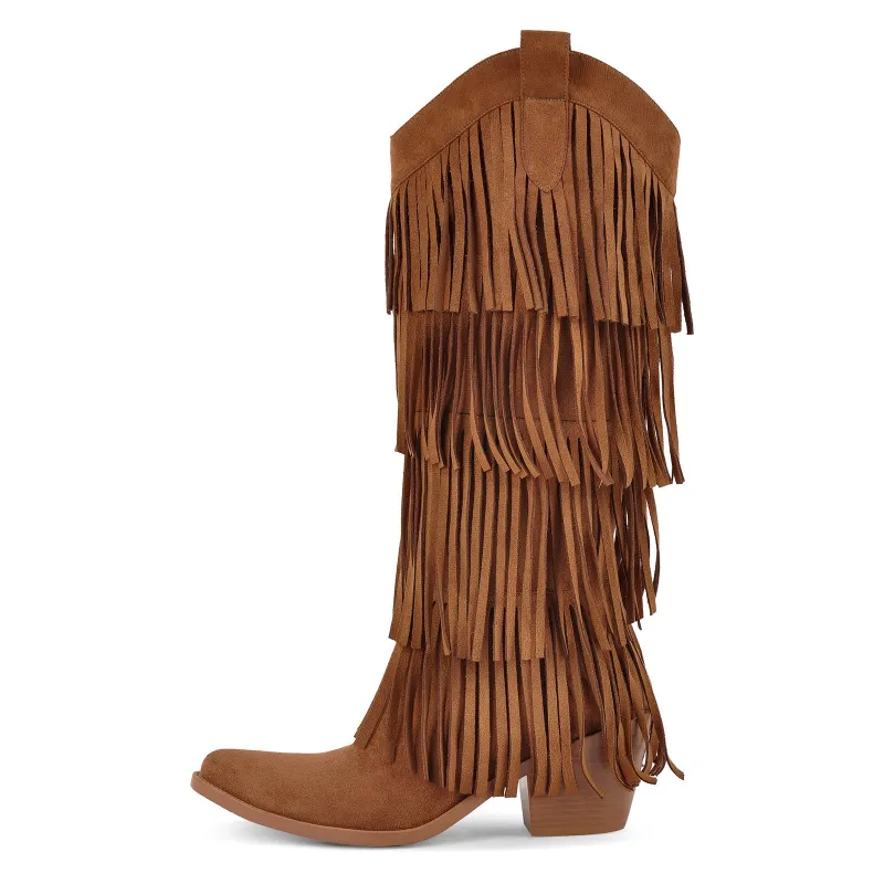 Fringe Suede Knee High Western Boots sold by Miss Heel
