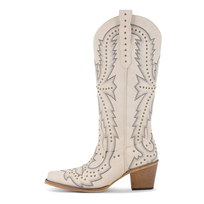 Embroidery Rivet Knee High Western Boots sold by Miss Heel