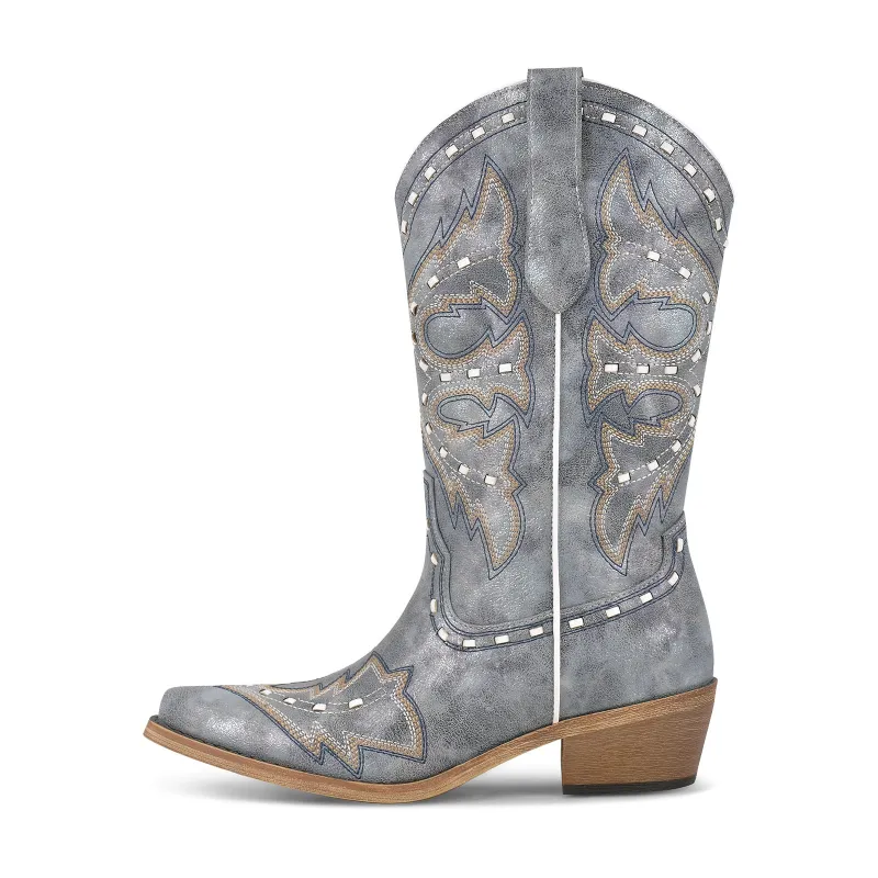 Pointed Toe Embroidery Mid-Calf Western Boots sold by Miss Heel
