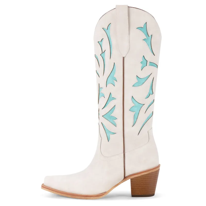 Pointed Toe Embroidery Knee High Western Boots sold by Miss Heel