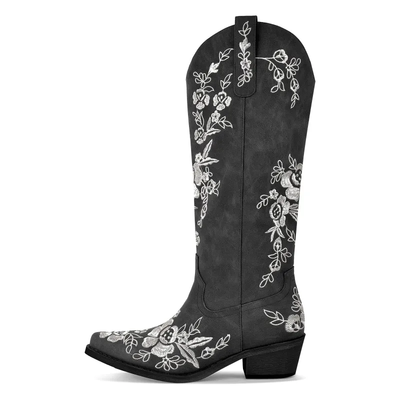 Pointed Toe Embroidery Knee High Western Boots sold by Miss Heel