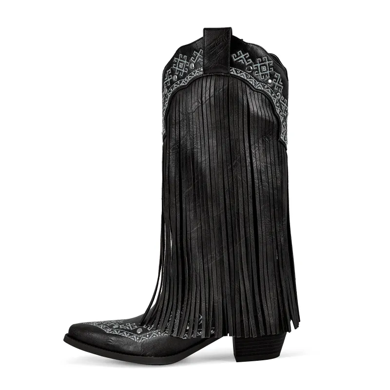 Embroidery Fringe Knee High Western Boots sold by Miss Heel