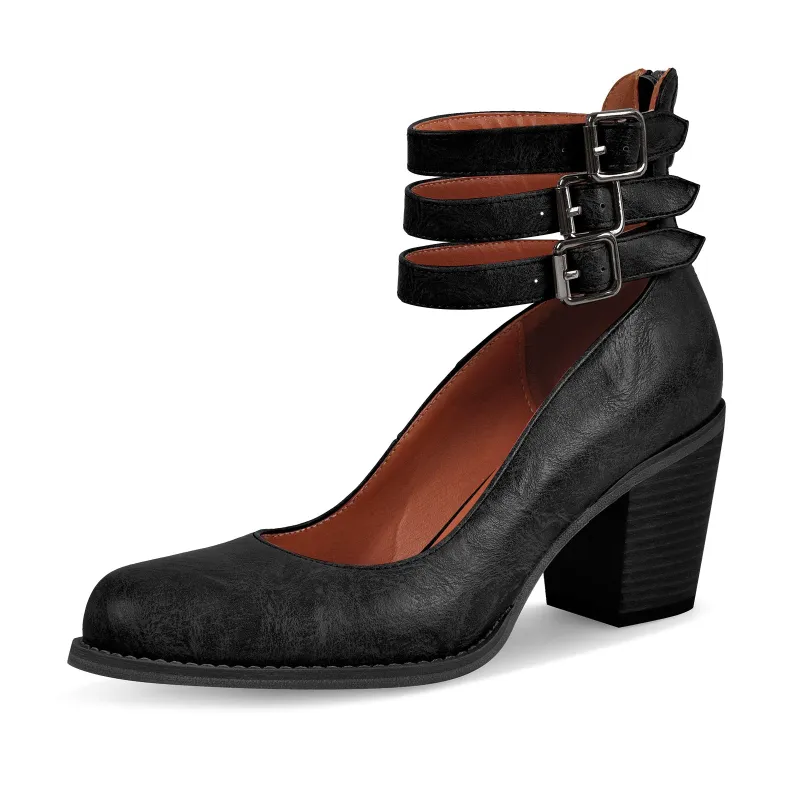 Round Toe Multi Ankle Strap Chunky Heel Pumps sold by Miss Heel