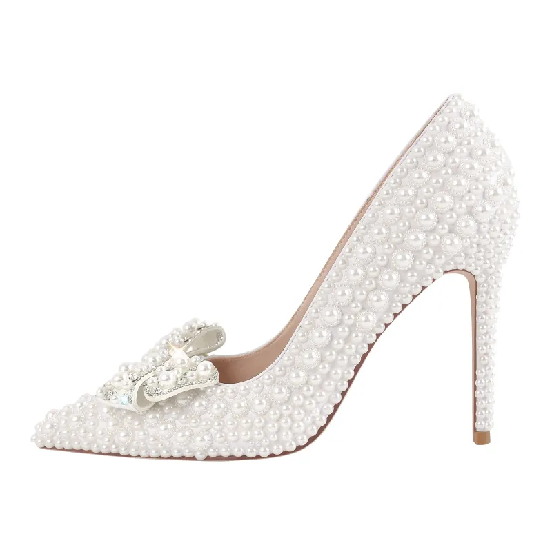 Pearl Pointed Toe Rhinestone Bow Stiletto Pumps sold by Miss Heel
