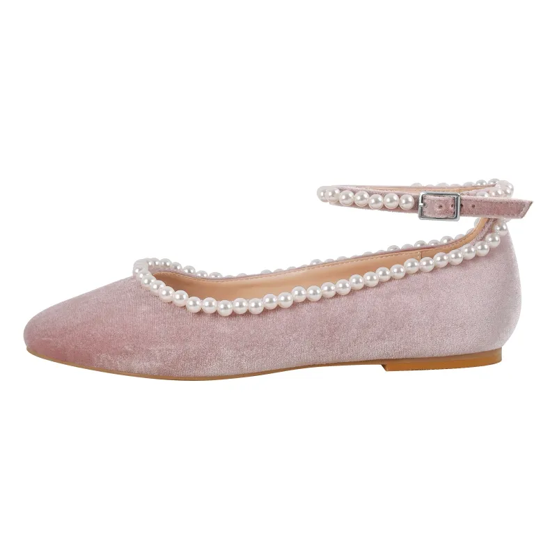 Round Toe Pearl Ankle Strap Flats sold by Miss Heel