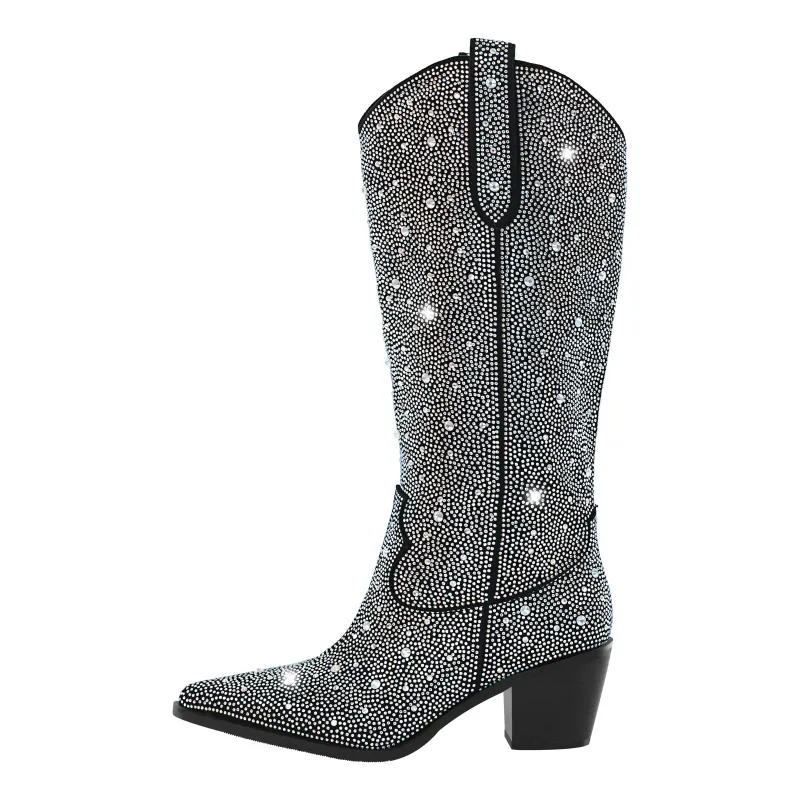 Rhinestone Pointed Toe Knee High Western Boots sold by Miss Heel