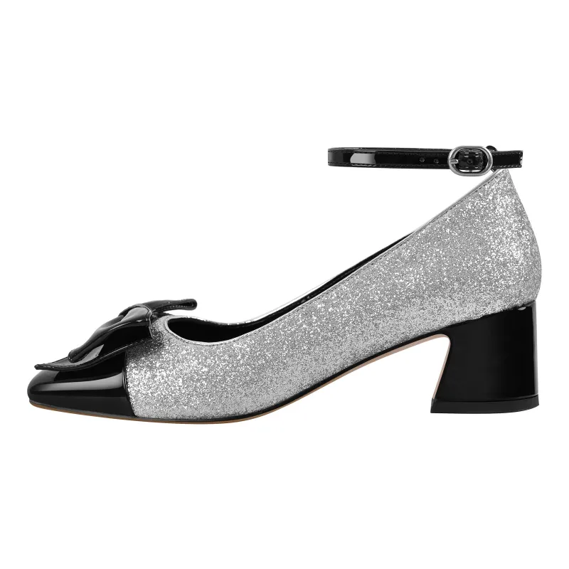 Bow Square Toe Glitter Ankle Strap Pumps sold by Miss Heel