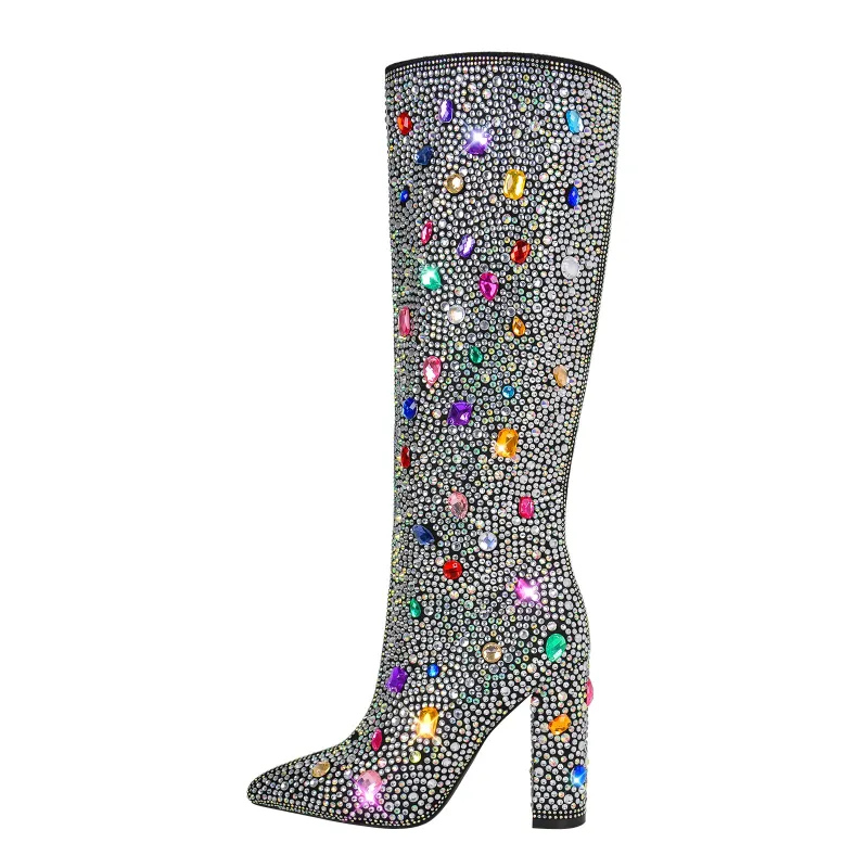 Chunky Heel Rhinestone Jewel Knee High Boots sold by Miss Heel