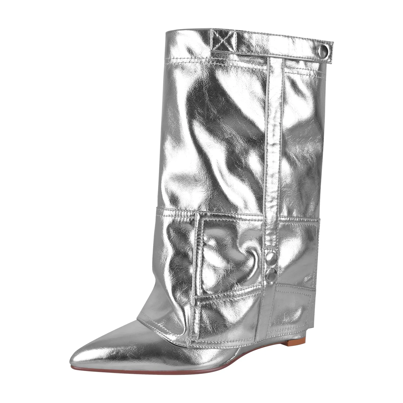 Silver Metallic Wedge Heel Fold Over Boots sold by Miss Heel product image thumbnail 3