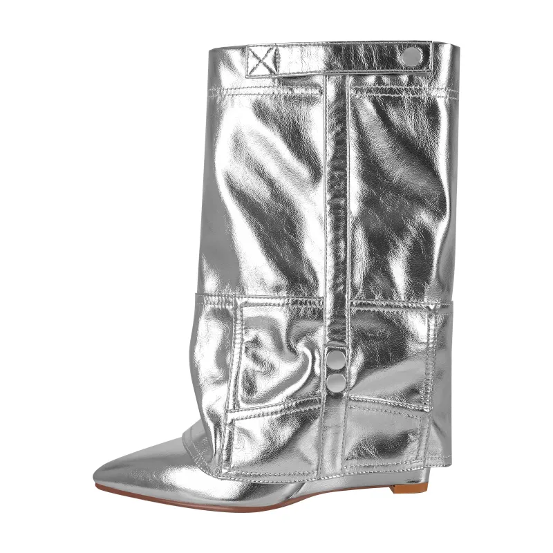 Silver Metallic Wedge Heel Fold Over Boots sold by Miss Heel