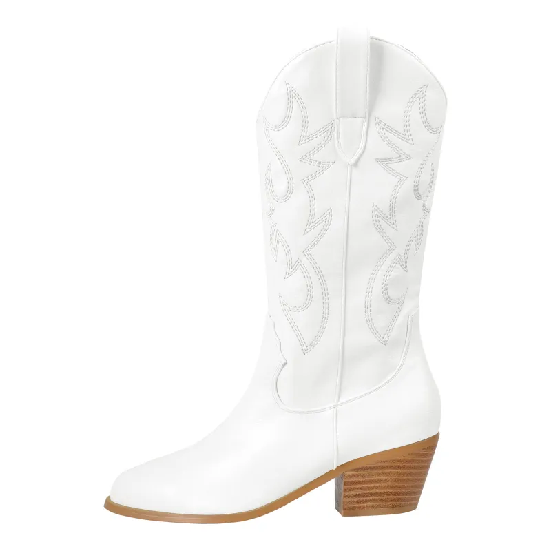 Embroidered Pull On Mid-Calf Western Boots sold by Miss Heel