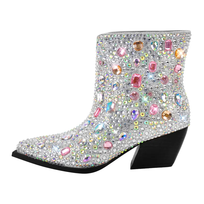 Multicolor Rhinestone Jewel Western Ankle Boots made by Miss Heel
