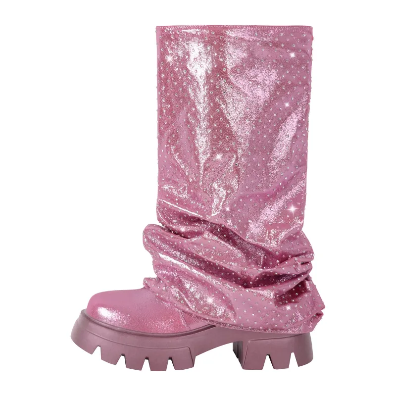 Rhinestone Round Toe Pleated Fold Over Mid-Calf Boots sold by Miss Heel