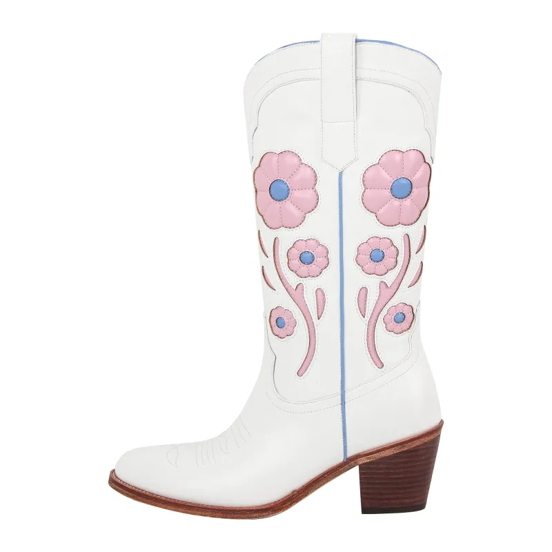Flower Chunky Heel Mid-Calf Cowgirl Boots sold by Miss Heel
