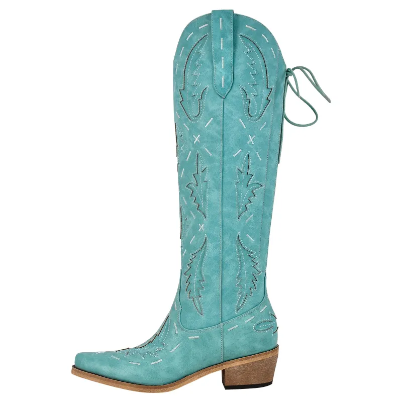 Embroidery Lace-up Knee High Western Boots sold by Miss Heel