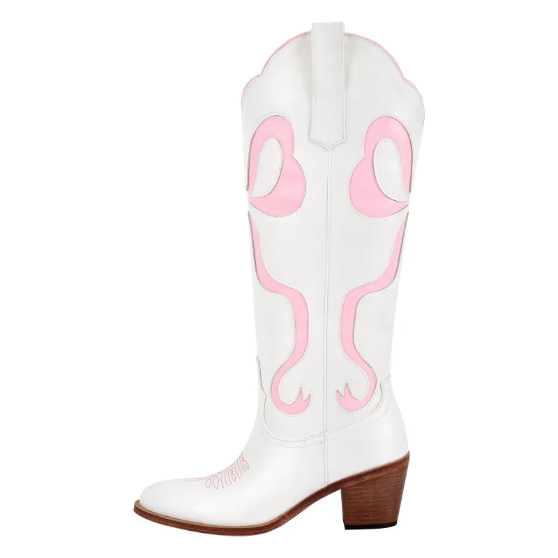 White Pointed Toe Pink Bow Knee High Cowgirl Boots sold by Miss Heel