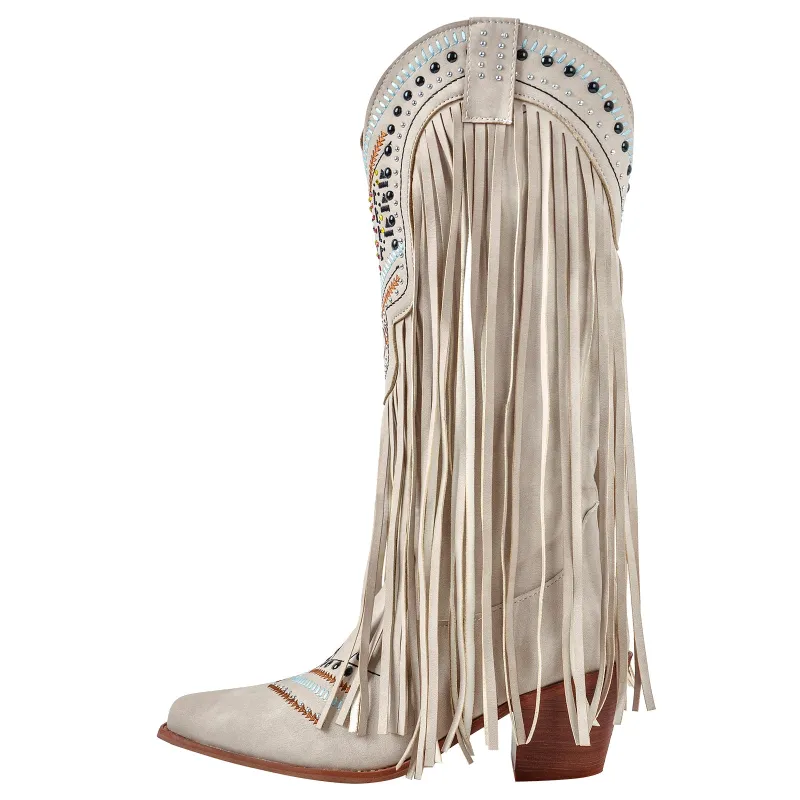 Embroidery Fringe Knee High Western Boots sold by Miss Heel