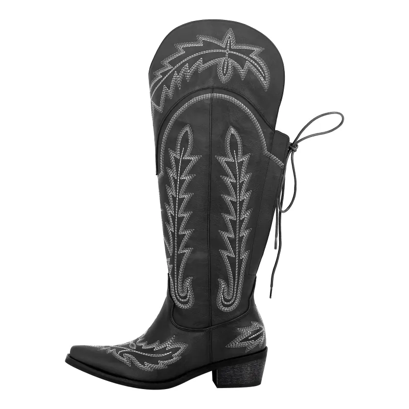 Embroidery Knee High Lace-up Western Boots sold by Miss Heel