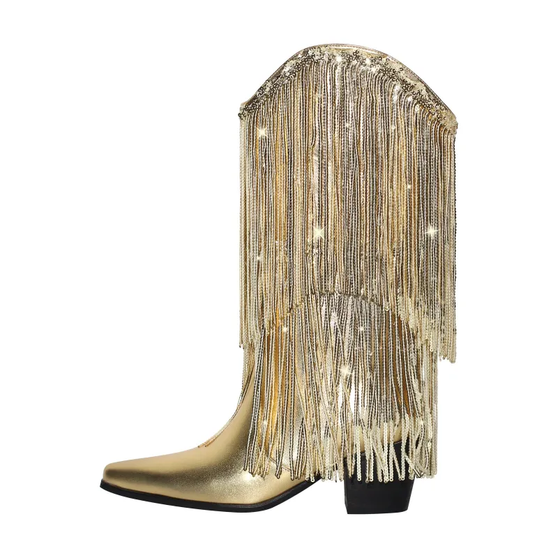 Rhinestone Mid-Calf Fringe Cowboy Boots sold by Miss Heel