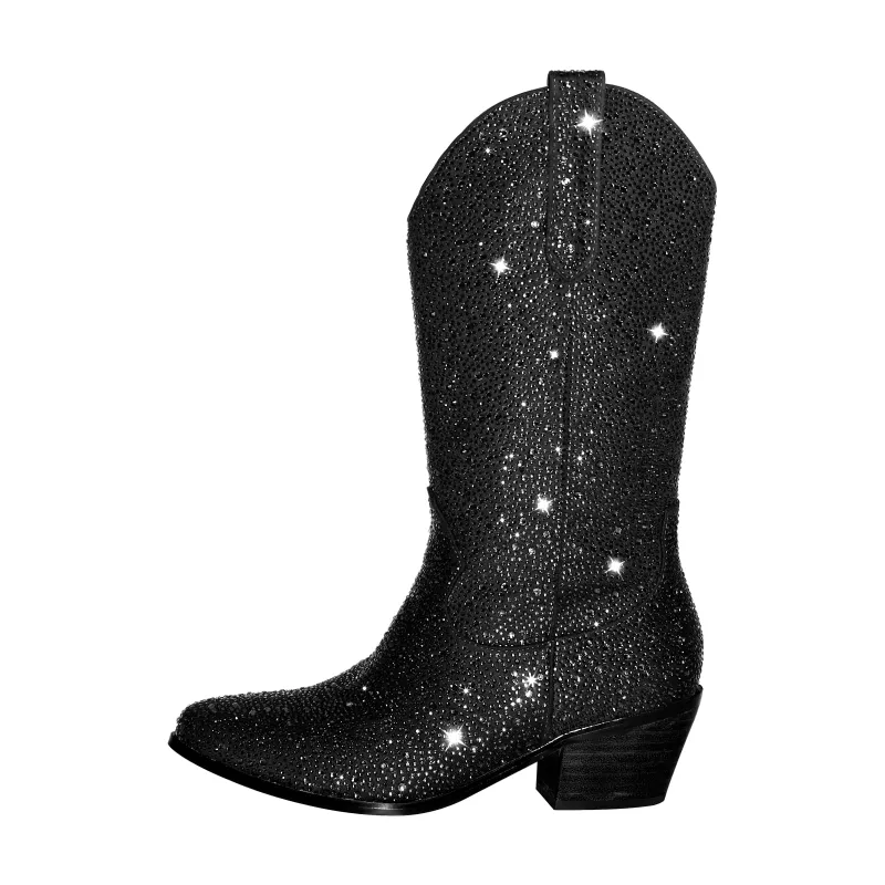 Round Toe Rhinestone Mid-calf Western Boots sold by Miss Heel