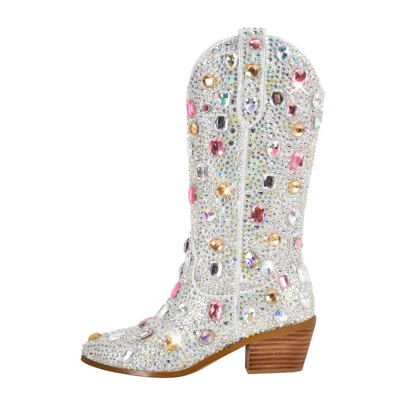Multi-colored Rhinestone Mid-calf Western Boots sold by Miss Heel