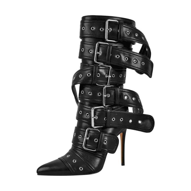 Multi Buckle Straps Stilettos Mid Boots made by Miss Heel