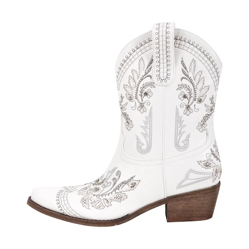 Embroidery Pointed Toe Chunky Heel Western Boots sold by Miss Heel