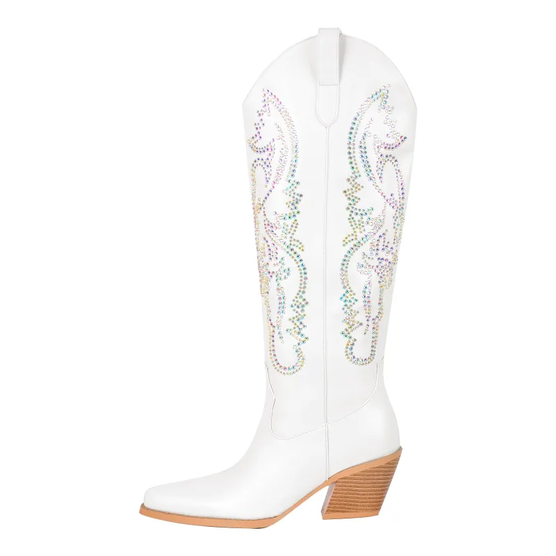 Rhinestone Embroidery Zipper White Western Boots sold by Miss Heel