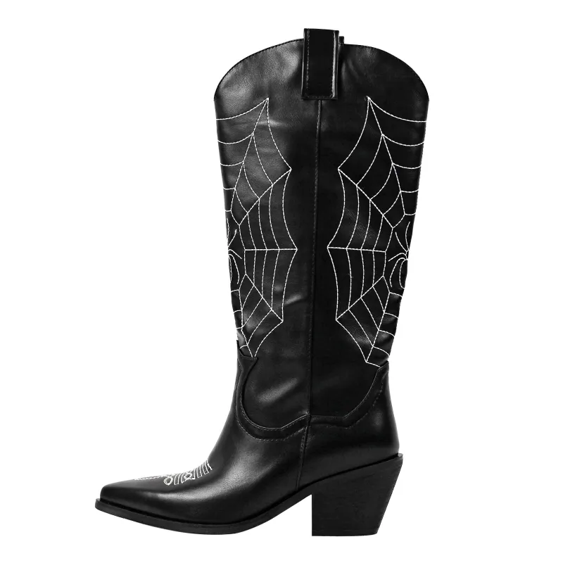 Embroidery Spider Webs Mid-Calf Boots sold by Miss Heel