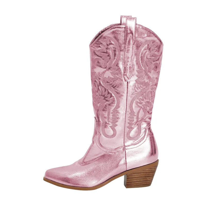 Silver Pink Embroidered Mid-Calf Western Boots sold by Miss Heel