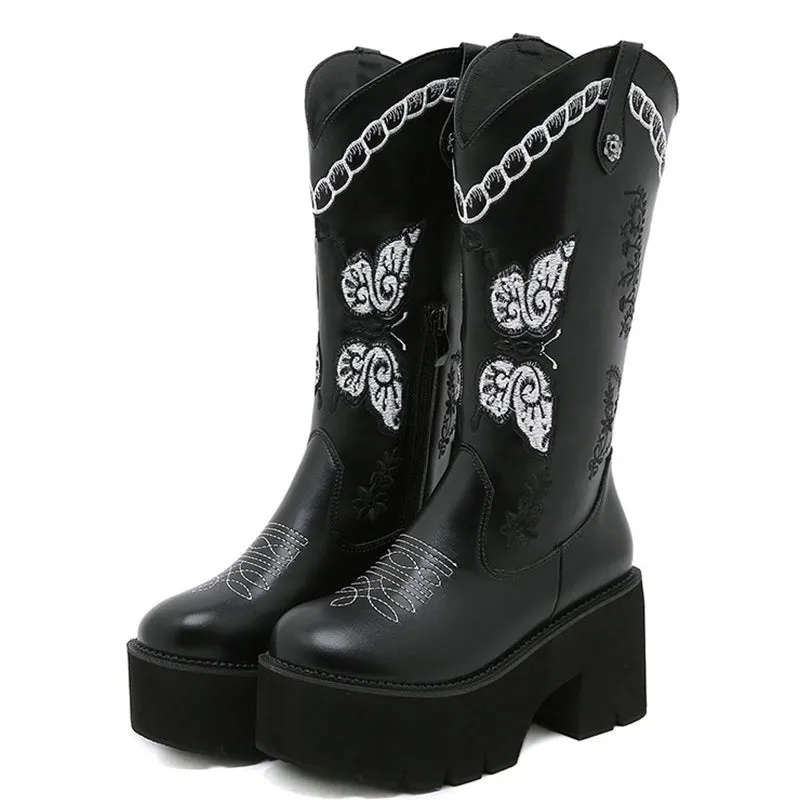 Thick Heel Embroidery Western Mid-Calf Boots sold by Miss Heel