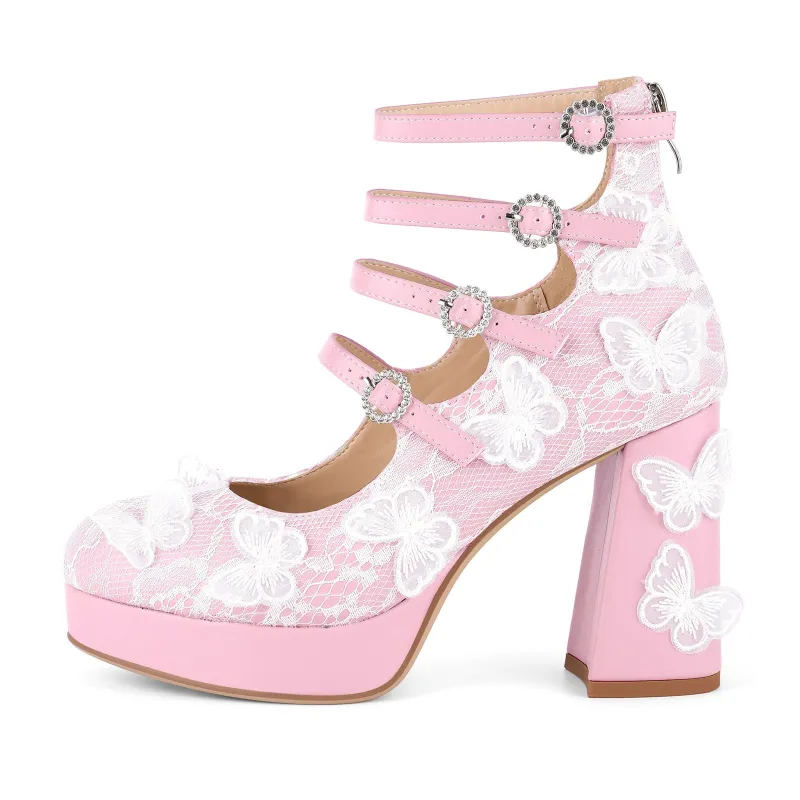 Platform Butterfly Lace Mesh Multi Buckle Strap Pumps made by Miss Heel